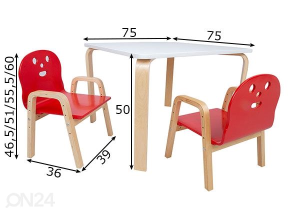 Детский стол и стулья Happy размеры