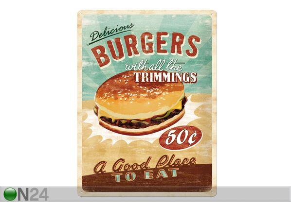 Металлический постер в ретро-стиле Delicious Burgers 30x40 см