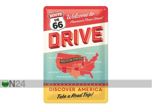 Металлический постер в ретро-стиле Route 66 Discover America 20x30cm