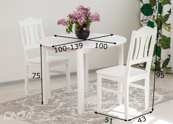 Обеденный комплект 100x100-139 cm + стулья Per 2шт, белый размеры