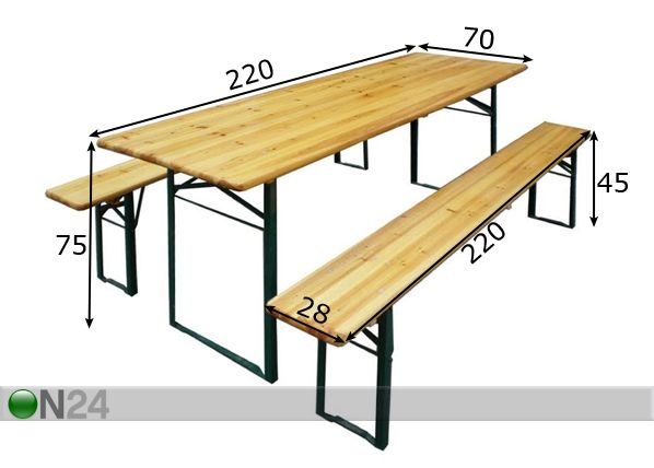 Складная садовая мебель, стол 70x220 см + 2 скамьи размеры