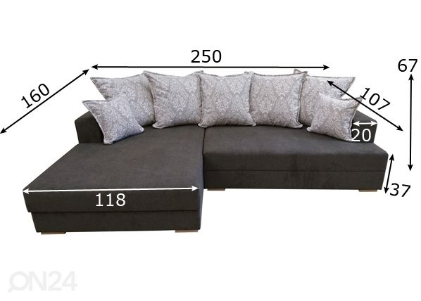 Угловой диван-кровать с двумя ящиками Aada размеры