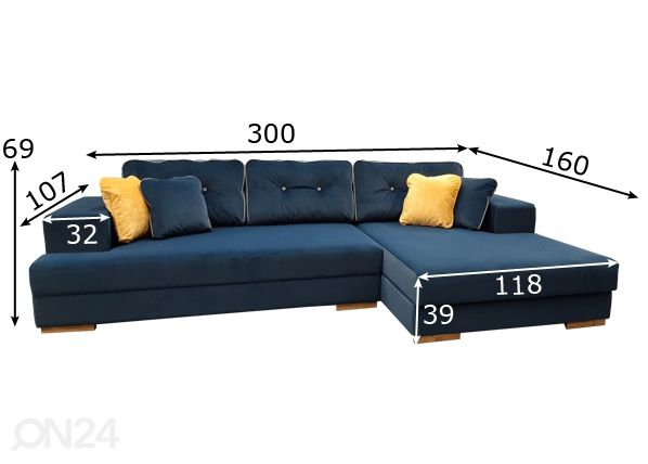 Угловой диван-кровать с двумя ящиками Aadu размеры