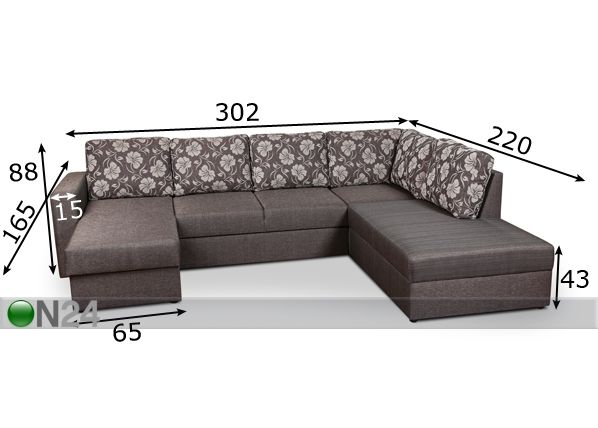 Угловой диван-кровать с двумя ящиками Rowena размеры