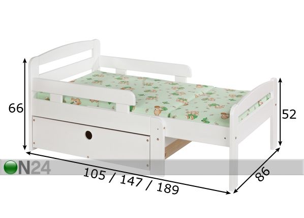 Удлиняющаяся детская кровать Kiku вместе с ящиком размеры