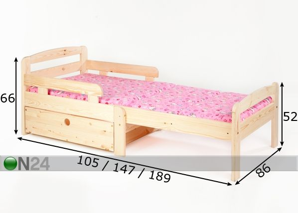 Удлиняющаяся кровать Kiku с ящиком, без обработки размеры