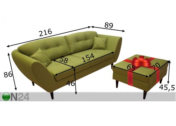 3-местный диван + в подарок пуф Fly размеры