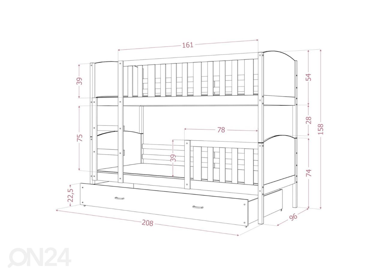 Двухъярусная кровать 90x200 cm, белый/серый увеличить