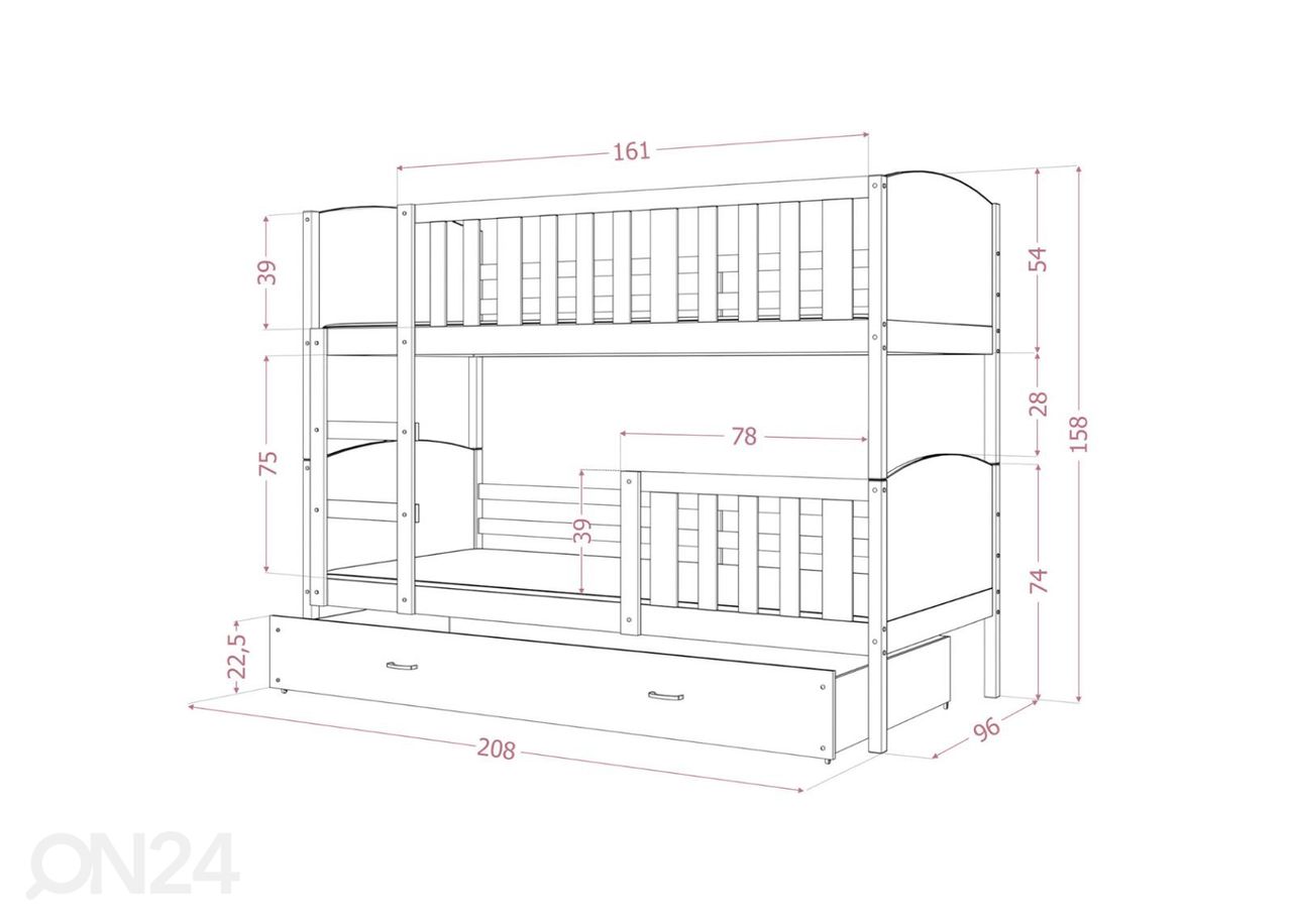 Двухъярусная кровать 90x200 cm, серый/зелёный увеличить