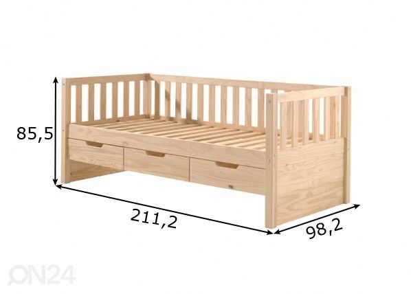Детская кровать + 3 ящика Fritz 90x200 cm, натуральная сосна размеры