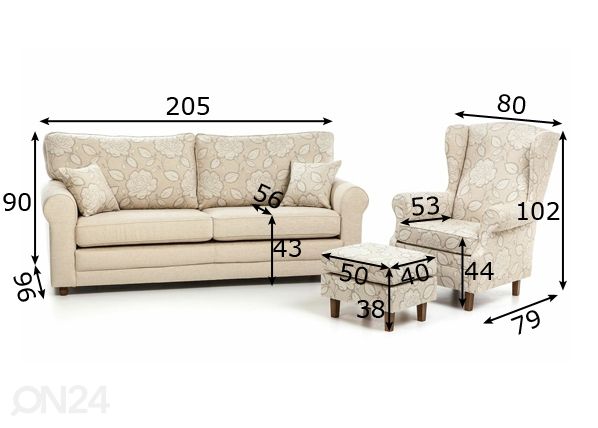 Комплект 3-местный диван Greta + кресло и пуф Mari размеры