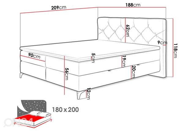 Континентальная кровать с ящиком 180x200 cm размеры