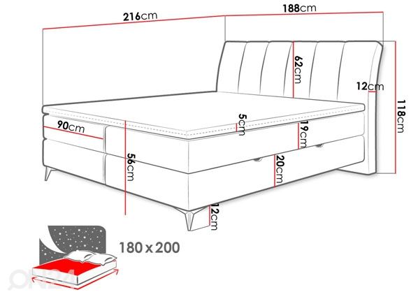 Континентальная кровать с ящиком Ottawa 180x200 см размеры