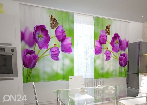 Полузатемняющая штора Lilac tulips in the kitchen 200x120 см