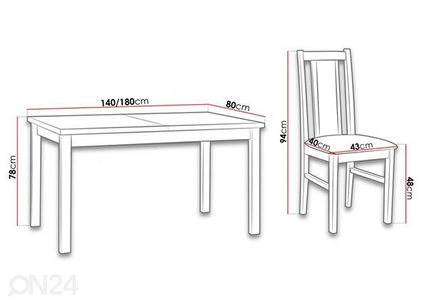 Удлиняющийся обеденный стол 80x140-180 cm + 6 стульев размеры