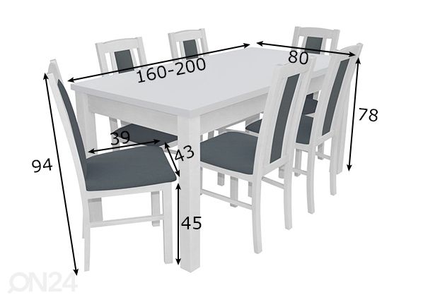 Удлиняющийся обеденный стол 80x160-200 cm + 6 стульев размеры