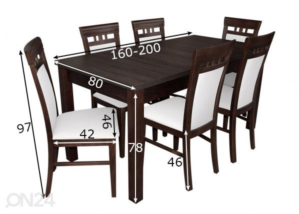Удлиняющийся обеденный стол 80x160-200 cm + 6 стульев размеры