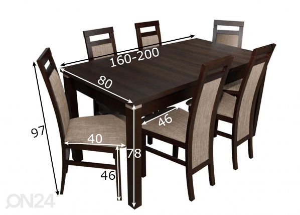 Удлиняющийся обеденный стол 80x160-200 cm + 6 стульев размеры