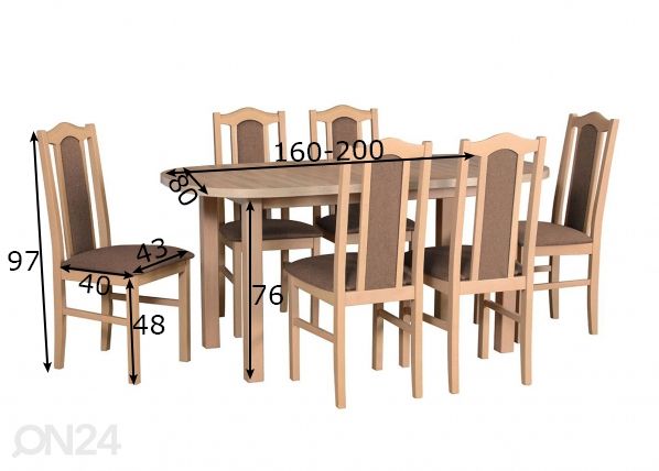 Удлиняющийся обеденный стол 80x160-200 cm + 6 стульев размеры