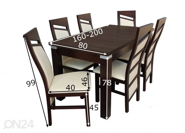 Удлиняющийся обеденный стол 80x160-200 cm + 6 стульев размеры