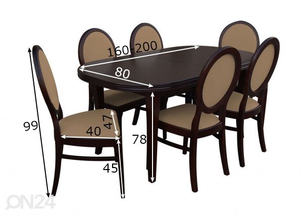 Удлиняющийся обеденный стол 80x160-200 cm + 6 стульев размеры