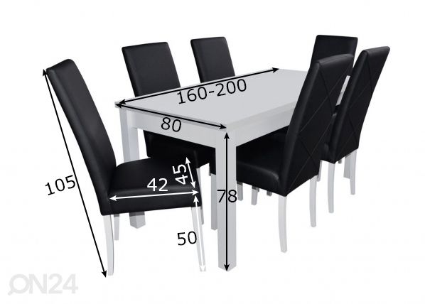 Удлиняющийся обеденный стол 80x160-200 cm + 6 стульев размеры