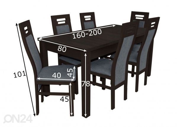 Удлиняющийся обеденный стол 80x160-200 cm + 6 стульев размеры