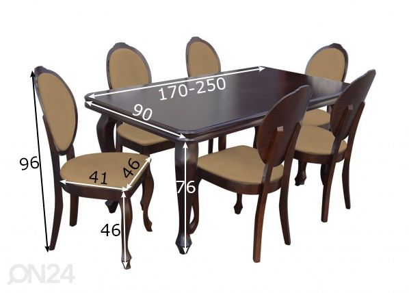 Удлиняющийся обеденный стол 90x170-250 cm + 6 стульев размеры