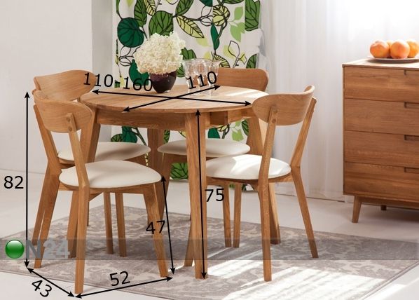 Удлиняющийся обеденный стол Basel 110-160x110 cm+ 4 стула Irma размеры
