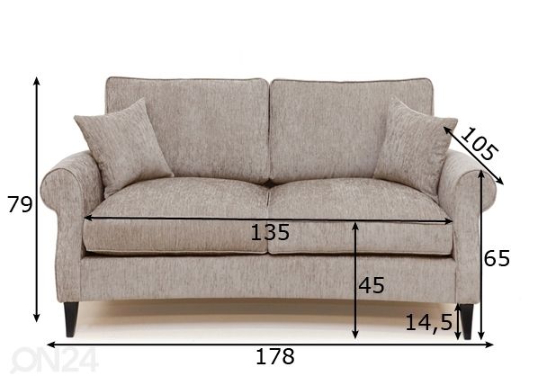 2-местный диван Malmö с перьевыми подушками, закругленный размеры