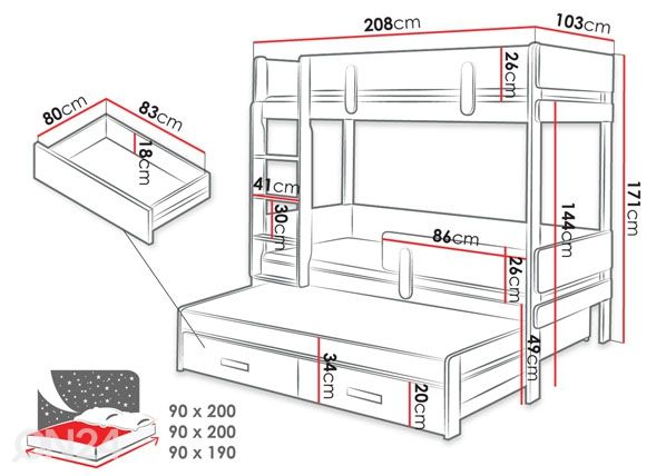 3-местная двухъярусная кровать 90x200 cm размеры
