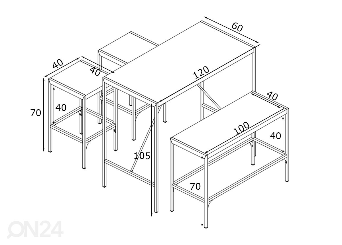 Барный стол Ribe 105х120 см + 2 барных стула + скамей увеличить размеры