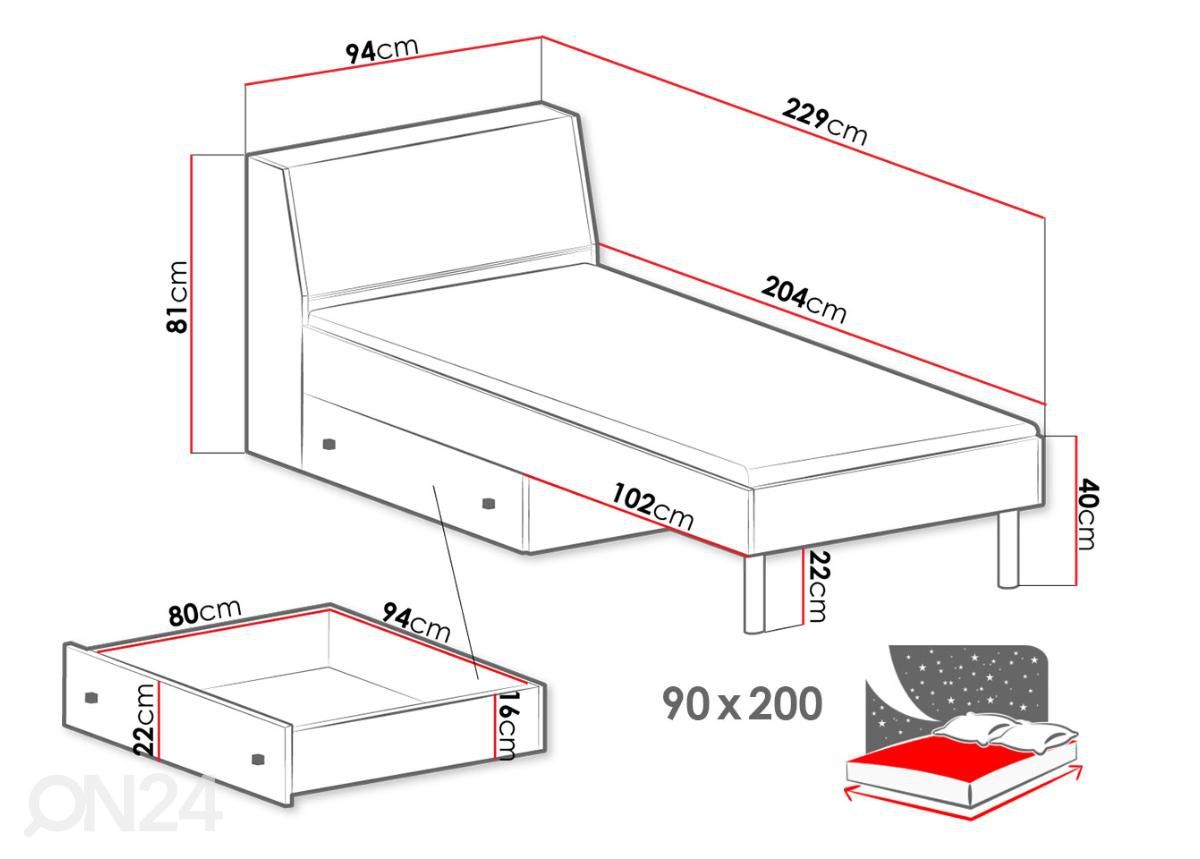 Кровать 90x200 cm + ящик кроватный увеличить размеры