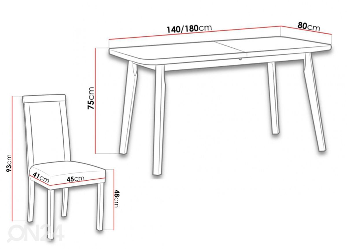 Удлиняющийся обеденный стол 80x140-180 cm + 6 стульев увеличить размеры