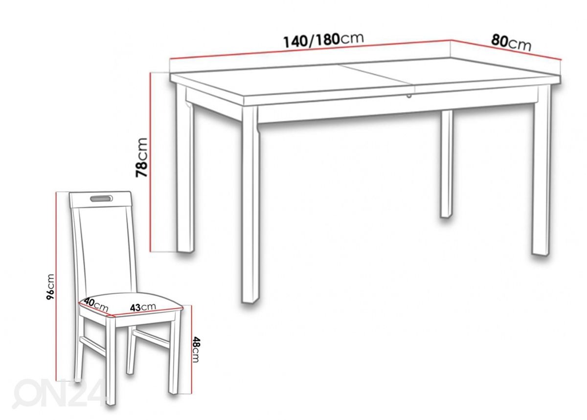 Удлиняющийся обеденный стол 80x140-180 cm + 6 стульев увеличить размеры