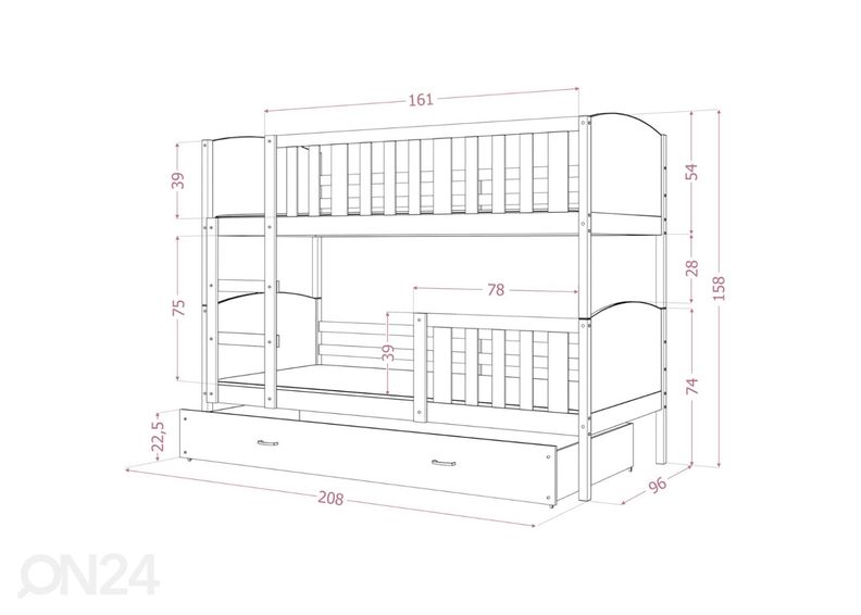 Двухъярусная кровать 90x200 cm, белый/розовый увеличить