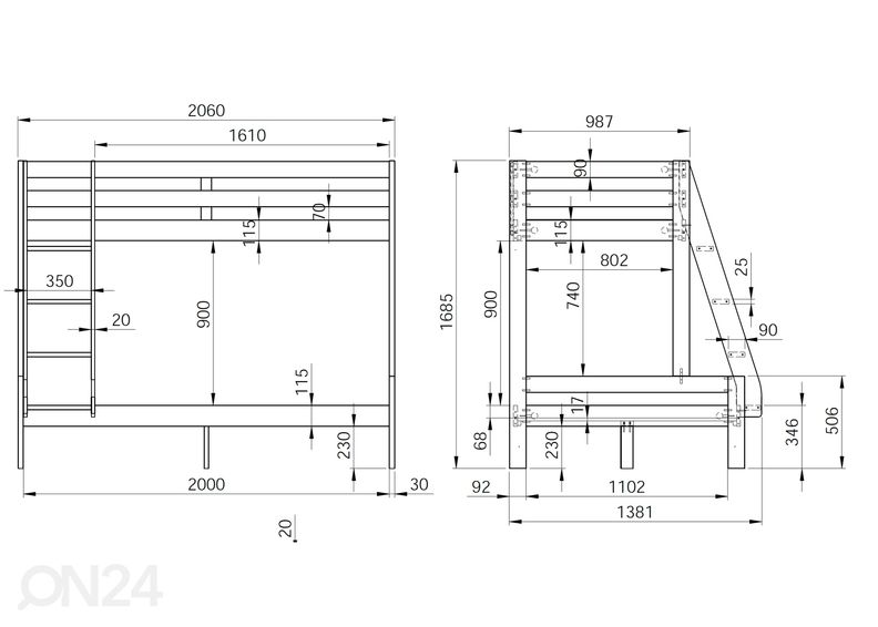 Двухъярусная кровать Robin 90/120x200 cm с ящиками увеличить