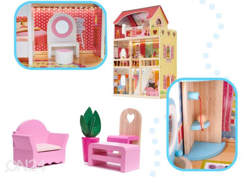 Кукольный домик + розовая мебель 90 см со светодиодной подсветкой увеличить
