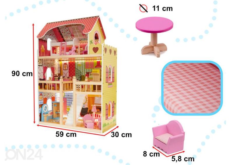 Кукольный домик + розовая мебель 90 см со светодиодной подсветкой увеличить