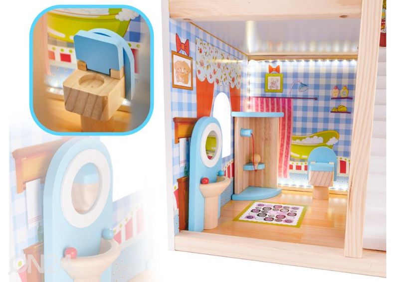 Кукольный домик + розовая мебель 90 см со светодиодной подсветкой увеличить