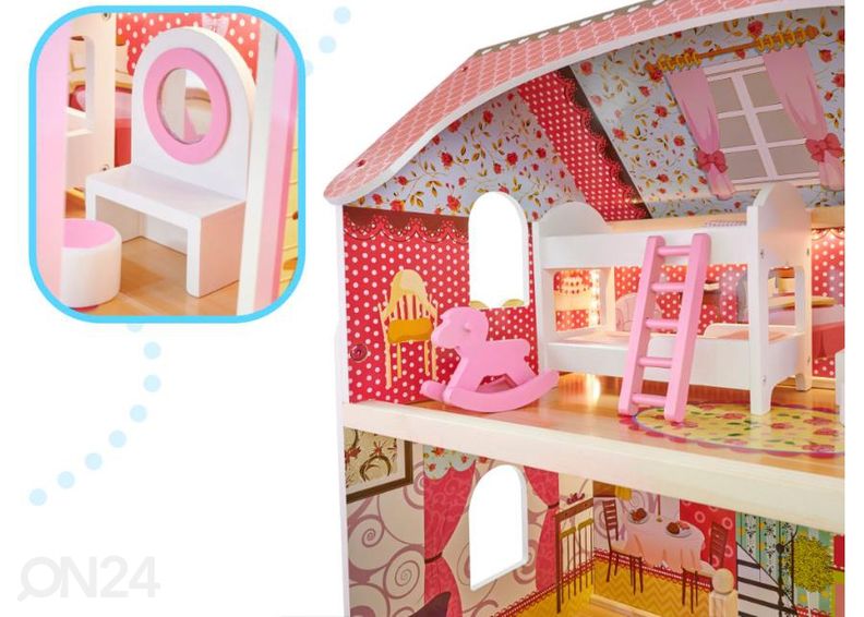 Кукольный домик + розовая мебель 90 см со светодиодной подсветкой увеличить