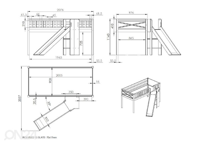 Полувысокая кровать с горкой Scott 90x200 cm, белый увеличить