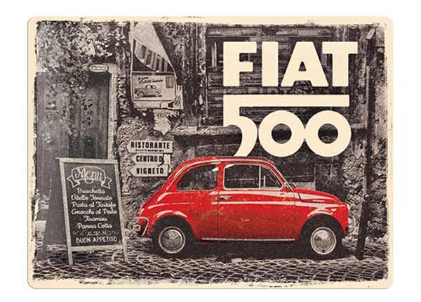 Металлический постер в ретро-стиле Fiat 500 - Red Car In The Street 30x40 cm