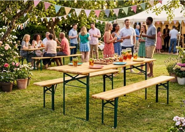 Складная садовая мебель, стол 70x220 см + 2 скамьи