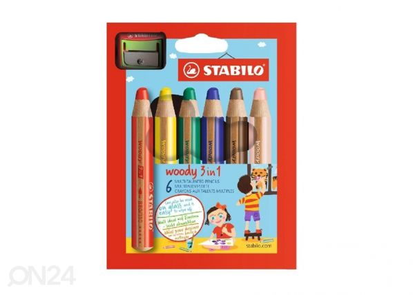 Stabilo карандаши Woody + точилка, 6 цветов