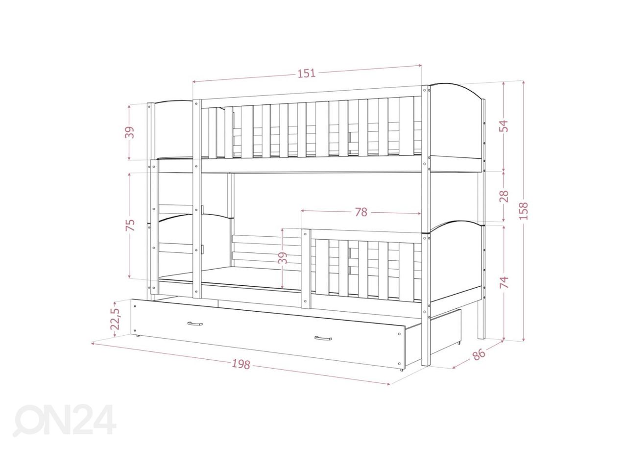 Комплект двухъярусной кровати 80x190 cm, серый/белый увеличить