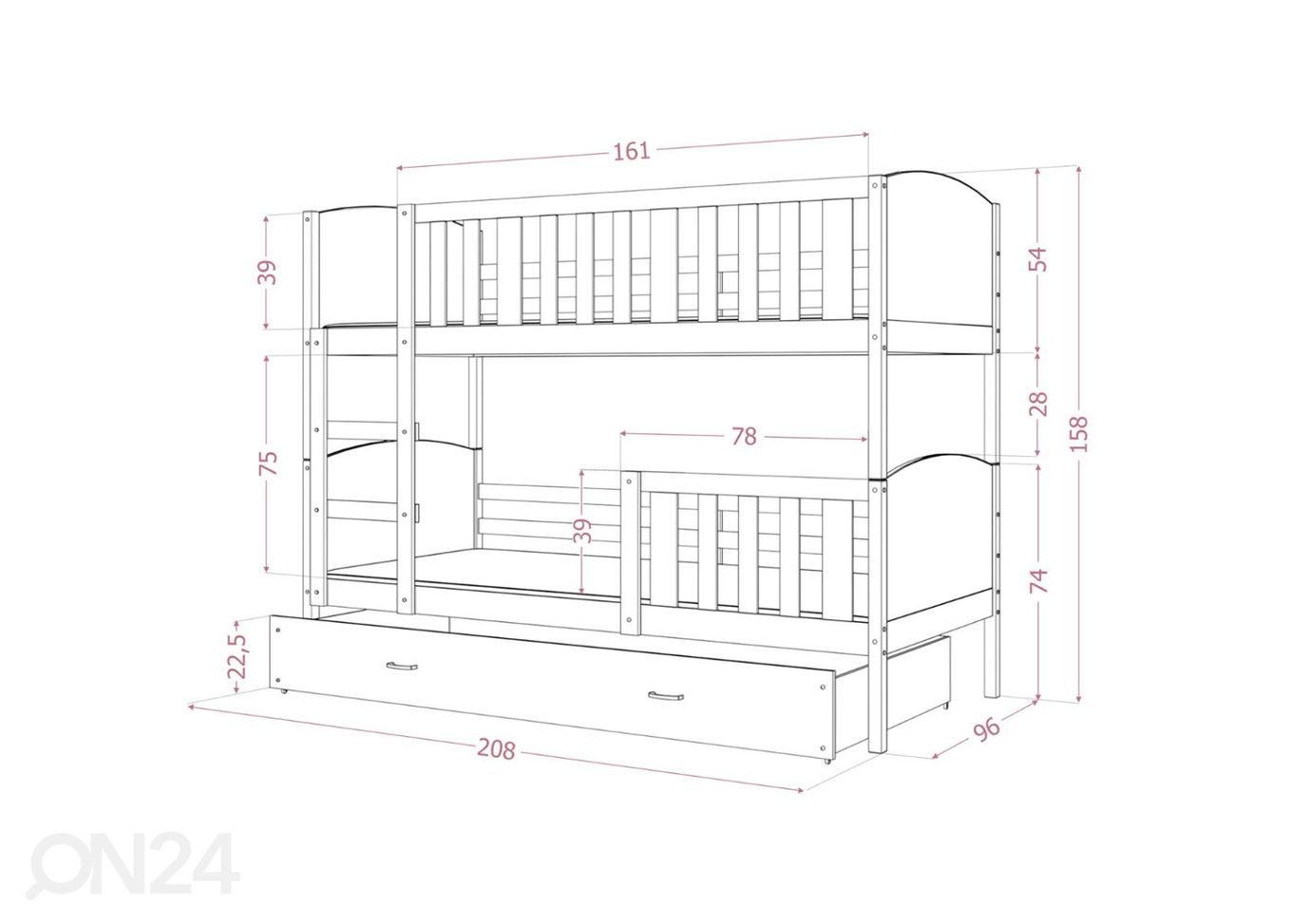 Двухъярусная кровать 90x200 cm, серый/белый увеличить