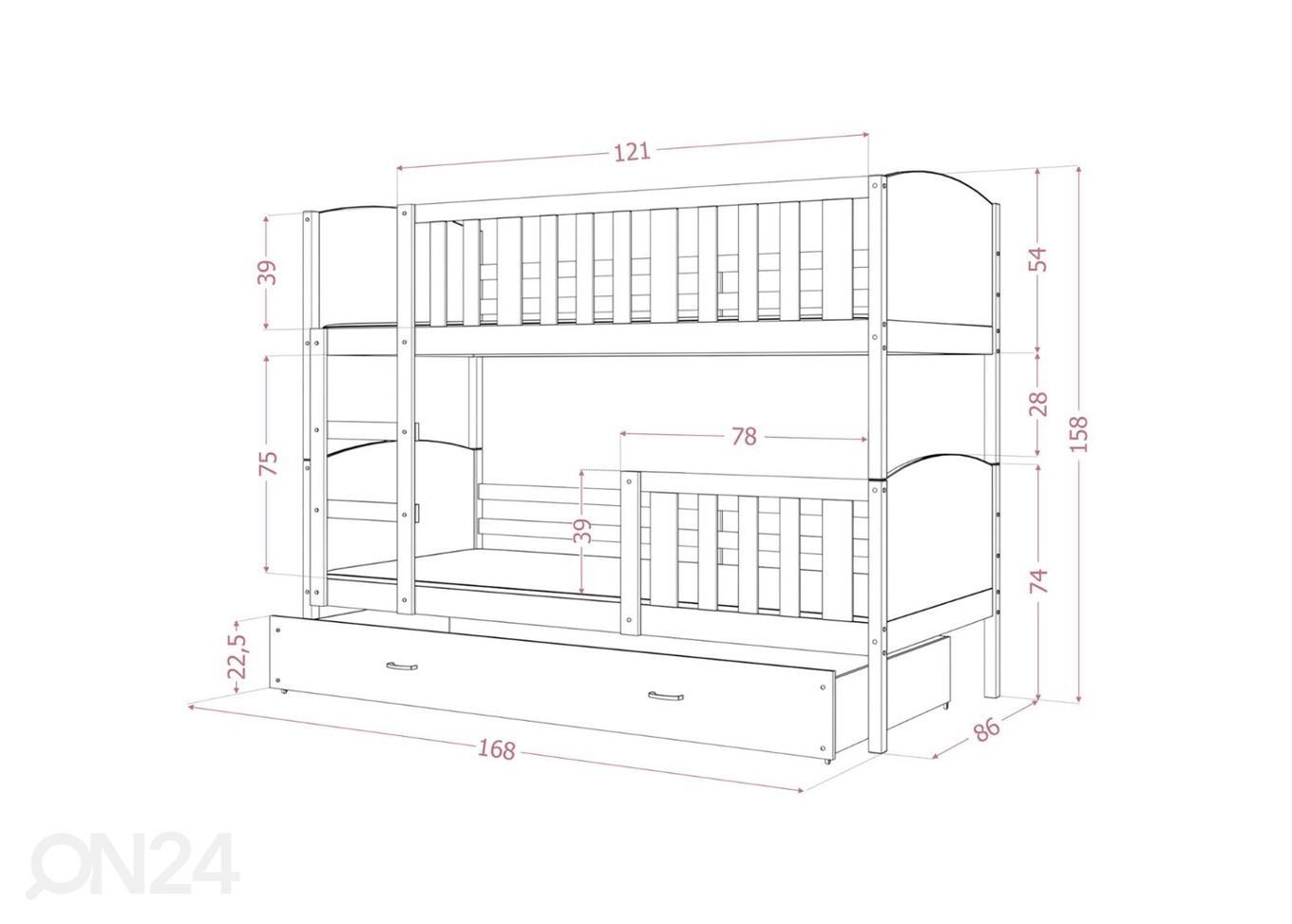 Комплект двухъярусной кровати 80x160 cm, серый/розовый увеличить
