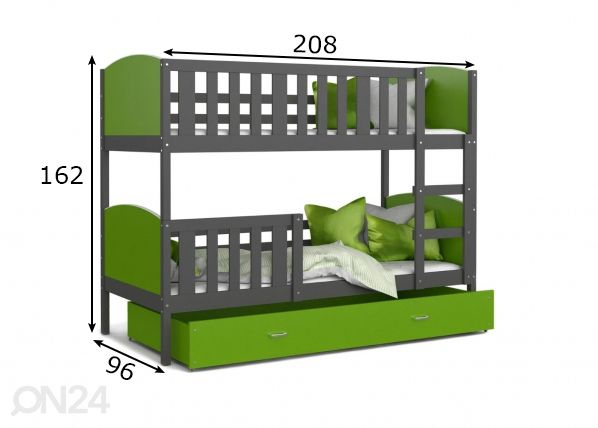 Двухъярусная кровать 90x200 cm, серый/зелёный размеры