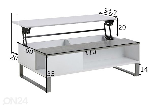 Журнальный столик с поднимающейся панелью Azalea размеры